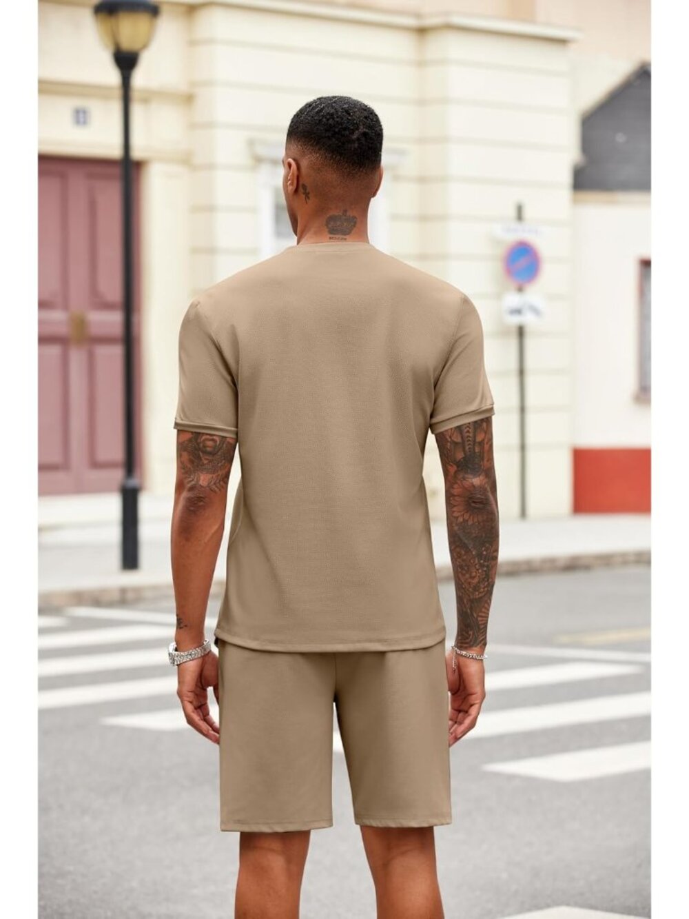 Coofandy Men's Khaki Polyester Shorts Zip Polo T Shirt 2 Pieces Tracksuit - Picture 4 of 6